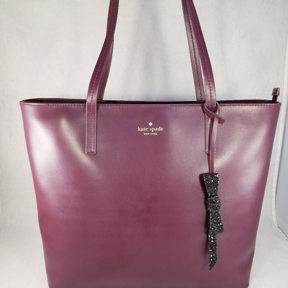 KATE SPADE NEW YORK MAROON TOTE SHOULDER BAG PURSE LEATHER LARGE BOW EUC - Picture 11 of 13